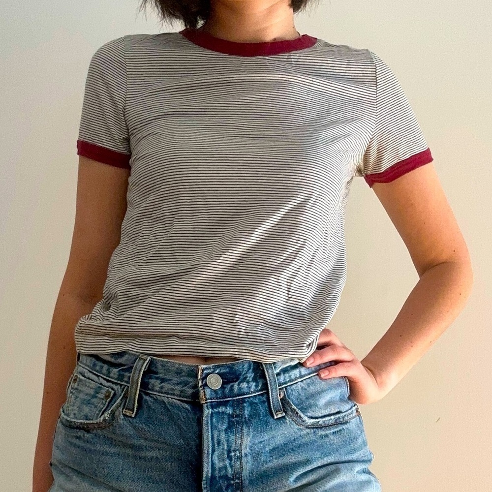 H&M DIVIDED STRIPED SHORT  SLEEVE RINGER TEE - S